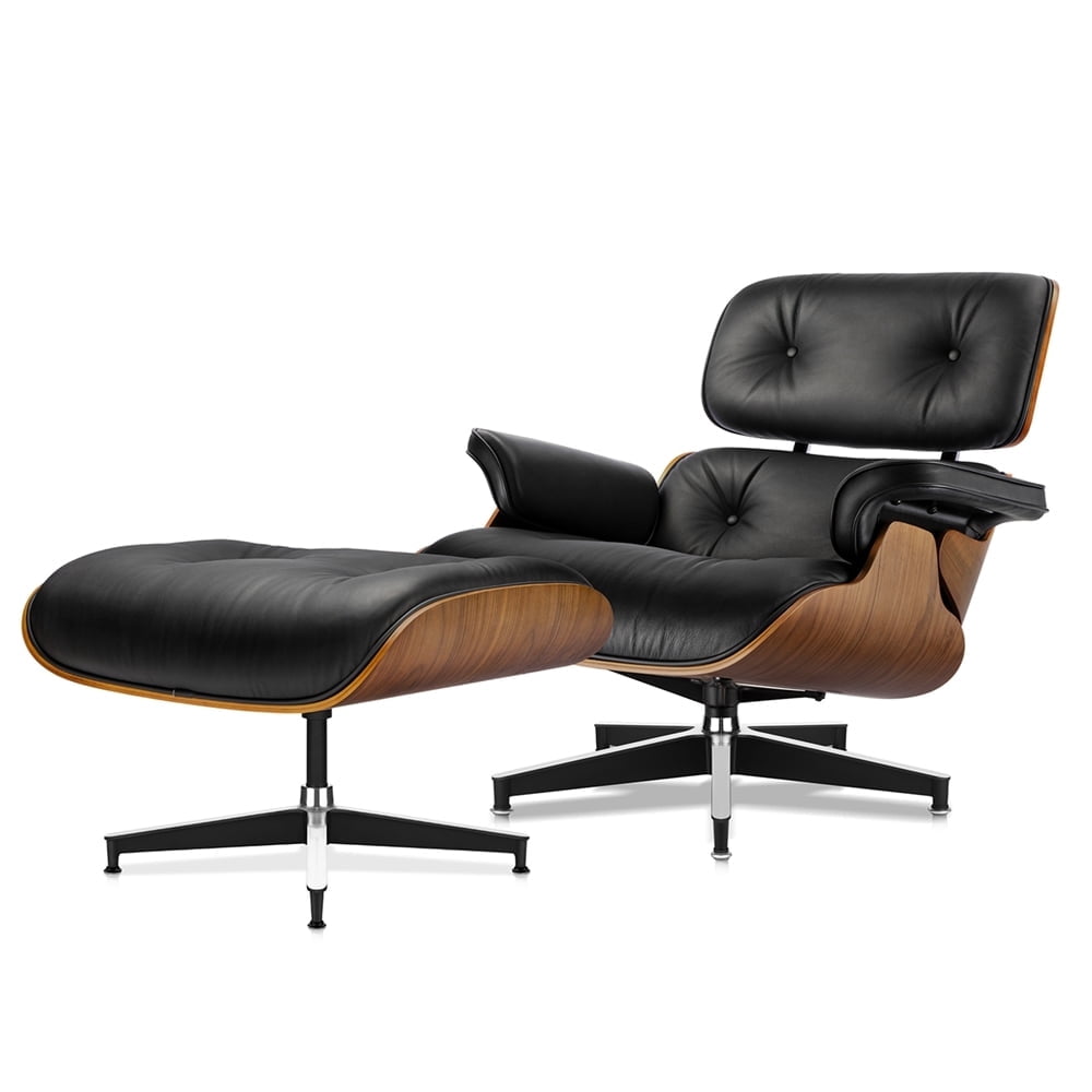 Raffle Pinker Urban Hipster Modern Metal Leather Walnut Removable Cushions Armchairs with Ottoman, Black