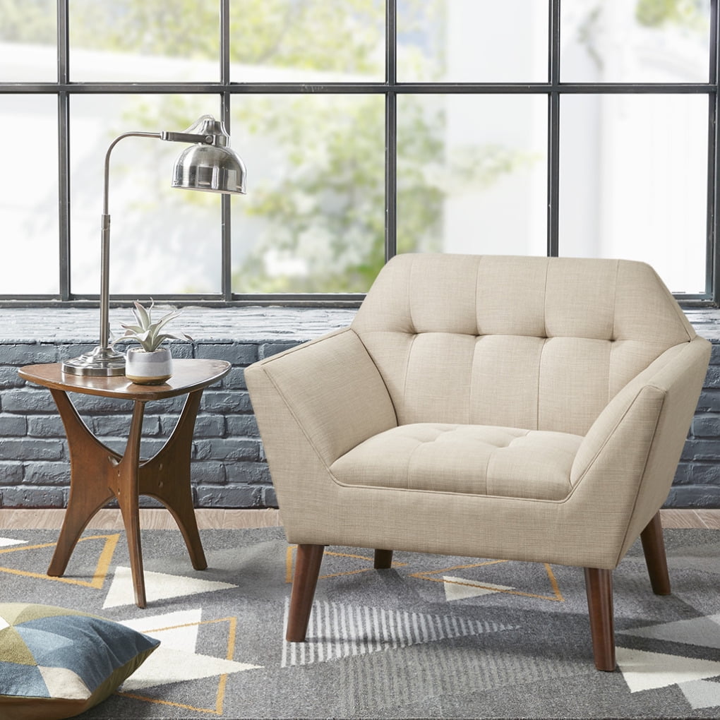 Tan Button Tufted Swivel Accent Chair with Wood Legs