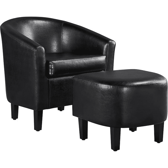 Accent Chair with Ottoman Set, Modern Faux Leather Upholstered Soft Barrel Chair and Footrest, Club Armchair and Footstool for Living Room/Bedroom/Reading Room/Guest Room, Black
