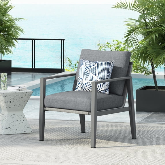 Lounge Chair, Modern Slate Gray Aluminum with Rope Accents & Cushions for Indoor/Outdoor | Slate Gray | Aluminum