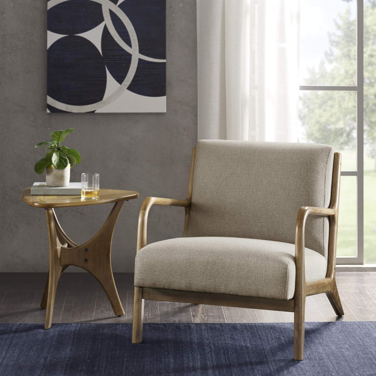 Taupe Upholstered Elm Wood Mid-Century Lounge Chair