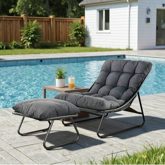 Lounge Chair, Outdoor/ Indoor Lounger, Weatherproof Relaxing Deck Chair with FootStool, Soft Cushion, for Garden, Patio, Load Capacity 350lbs, Gray