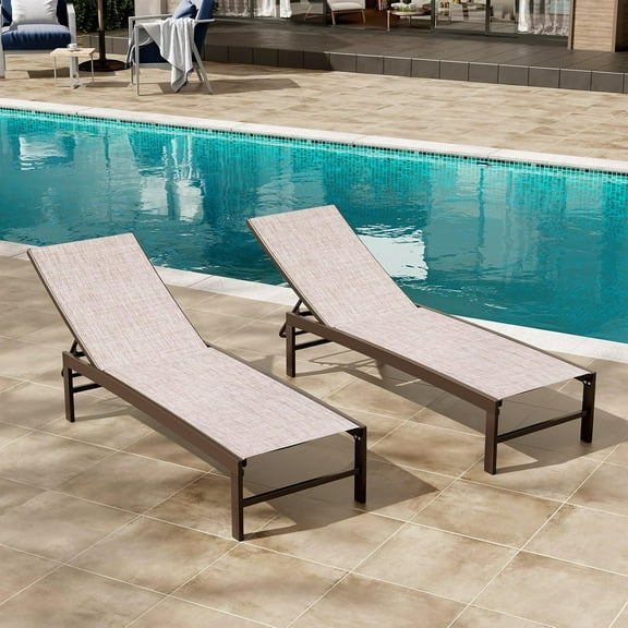Lounge Chair Outdoor Set of 2, Aluminum Pool Chaise Lounge Chairs, Adjustable Five-Position Tanning Recliner, All Weather for Patio, Beach, Yard, Pool (Beige)
