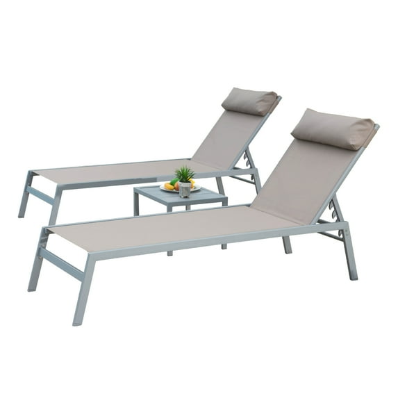 Lounge Chair Outdoor Set of 2, Outdoor Chaise Lounge Chairs with Side Table and Headrest, Outdoor Lounge Chair with 5 Adjustable Position, Patio Chaise Lounge Chair for Beach, Yard, Pool, Khaki