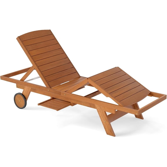 Lounge Chair Outdoor with Wheels, Patio Wood Chaise Lounge with 4-Position Adjustable Backrest & Leg Area, Extendable Side Table, Pool Sunbathing Reclining Lounger for Outside Backyard (1)
