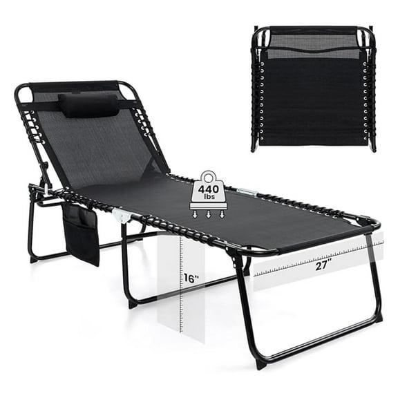 Lounge Chair for Outside, 440lbs 27 Oversize Folding Beach Tanning Sunbath Chair with Adjustable Backrest & Removable Pillow, Lightweight Portable Patio Lounger for Lawn Poolside (1, Black)