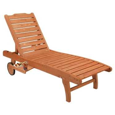 Outdoor Lounge Chair 1 Set, Patio Wooden Chaise Lounge with Side Table, All-weather Beach Chairs 2 Position Adjustable, Heavy-duty Pool Recliner Lounger on Weels