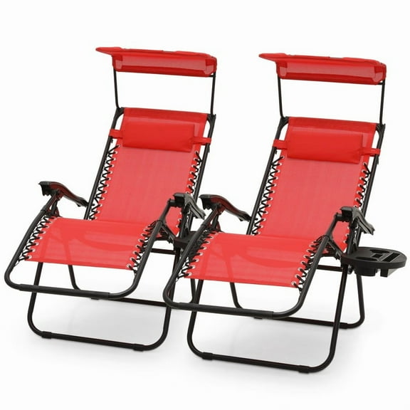 Lounge Chair Set of 2, Folding Outdoor Recliner With Canopy Shade Tray Headrest, Red