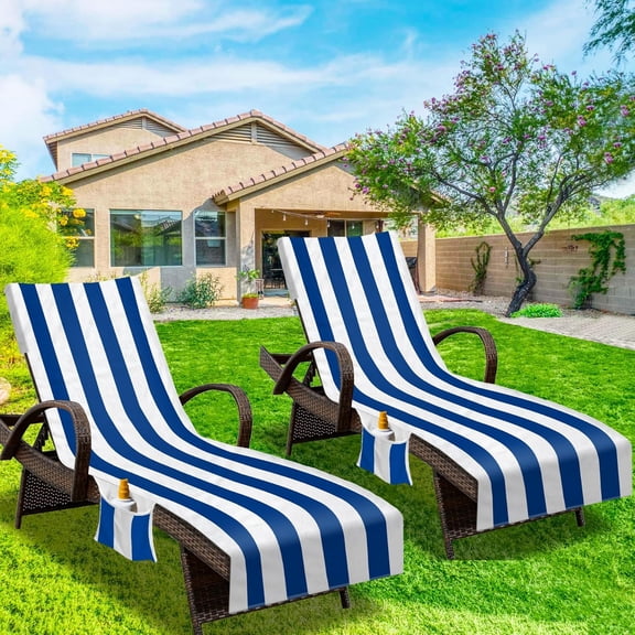 Lounge Chair Towel Cover, Beach Chair Cover (Pack of 4), Pool Lounge Chair Covers for Outdoor, Garden, Beach, Sun Lounger, Hotel Pool, 85" X 30" Large Size and No Sliding, Royal Blue Stripe