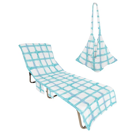 Lounge Chair Towel Cover Blue Teal Buffalo Plaid Chaise Lounge Towel Cover with Side Pockets Soft Absorbent Check Striped Beach Chair Covers for Patio Pool Outdoor Chairs Hotel Sunbathing Spa