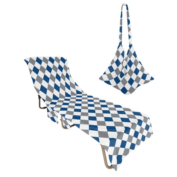 Lounge Chair Towel Cover Gray Blue Plaid Chaise Lounge Towel Cover with Side Pockets Soft Absorbent Geometric Diamond Shapes Beach Chair Covers for Patio Pool Outdoor Chairs Hotel Sunbathing Spa