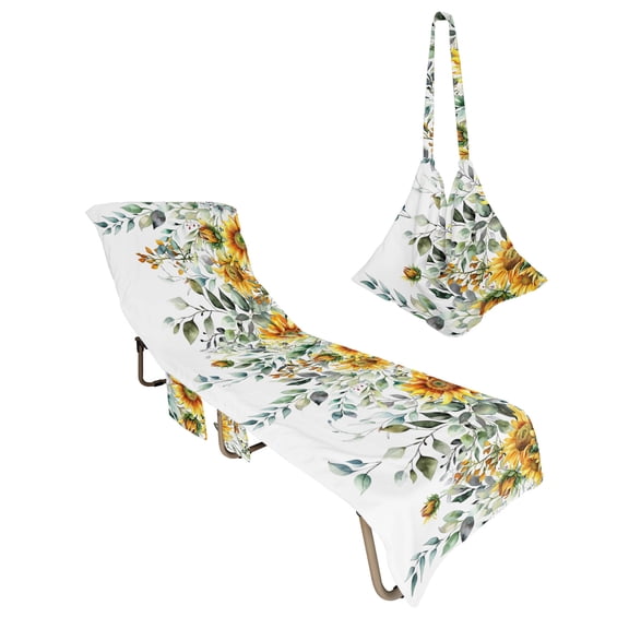 Lounge Chair Towel Cover Green Eucalyptus Leaves Chaise Lounge Towel Cover with Side Pockets Soft Absorbent Plant Sunflower Beach Chair Covers for Patio Pool Outdoor Chairs Hotel Sunbathing Spa