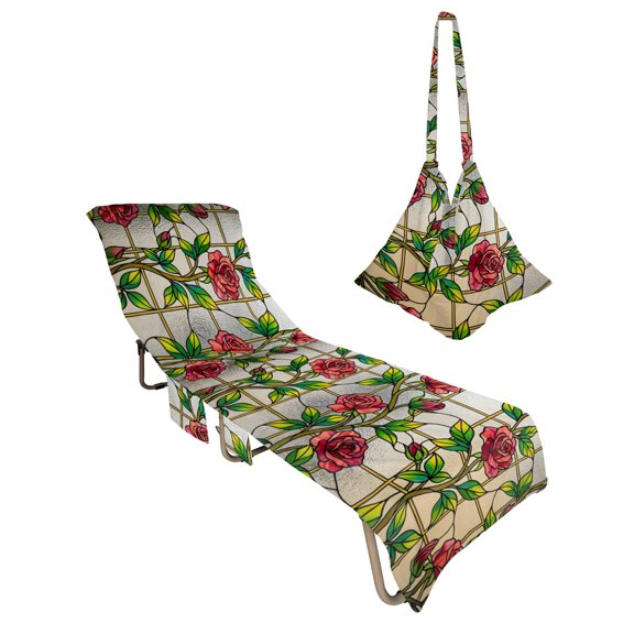 Lounge Chair Towel Cover Red Roses Vines Chaise Lounge Towel Cover with Side Pockets Soft Floral Branches Stained Glass Beach Chair Covers for Patio Pool Outdoor Chairs Hotel Sunbathing Spa