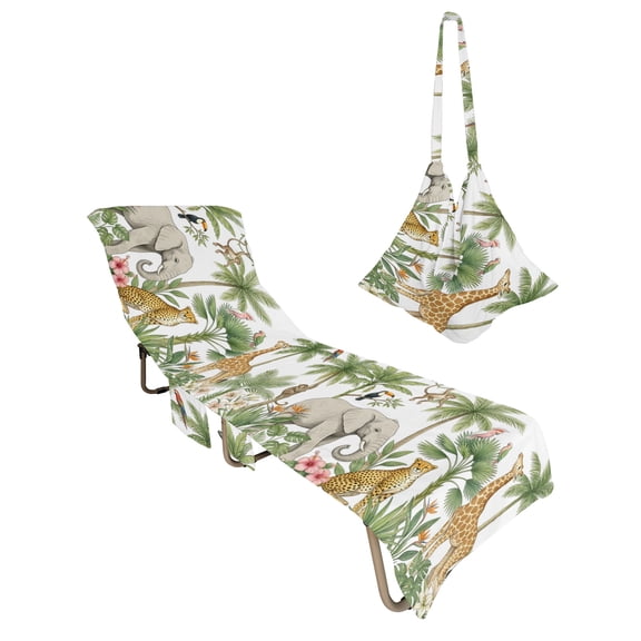 Lounge Chair Towel Cover Tropical Palm Tree Chaise Lounge Towel Cover with Side Pockets Soft Forest Animal Elephant Giraffe Beach Chair Covers for Patio Pool Outdoor Chairs Hotel Sunbathing Spa