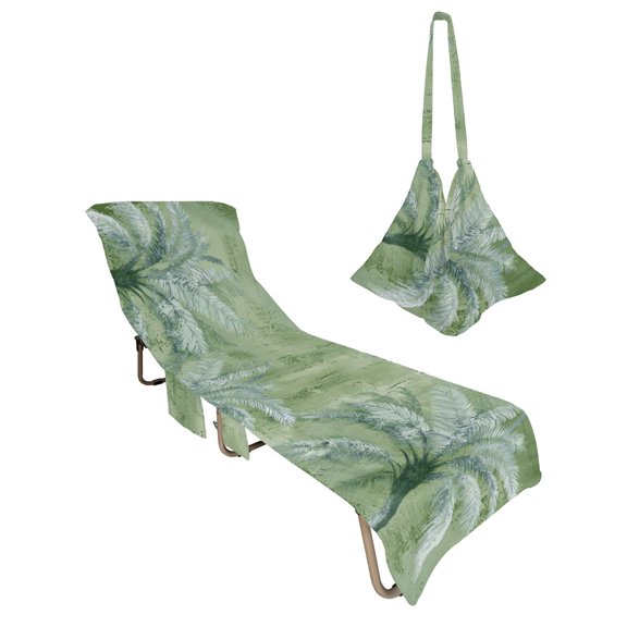 Lounge Chair Towel Cover Tropical Palm Tree Chaise Lounge Towel Cover with Side Pockets Soft Green Graffiti Coastal Island Beach Chair Covers for Patio Pool Outdoor Chairs Hotel Sunbathing Spa