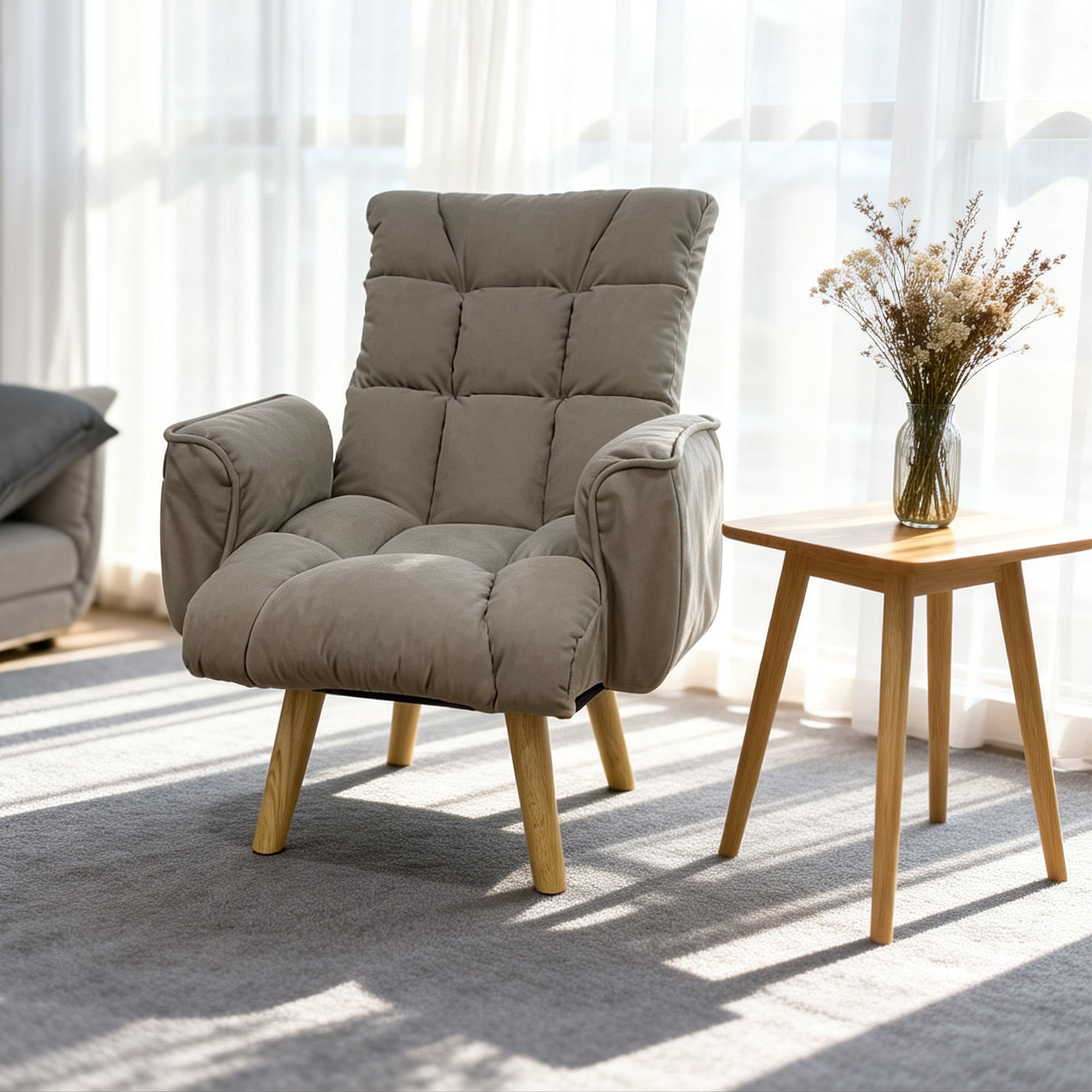 Lounge Chair with 360 Degree Rotating Seat and 3-Level Adjustable Back, Lazy Sofa Chair and Accent Seating with Solid Wood Legs for Living Room, Gray