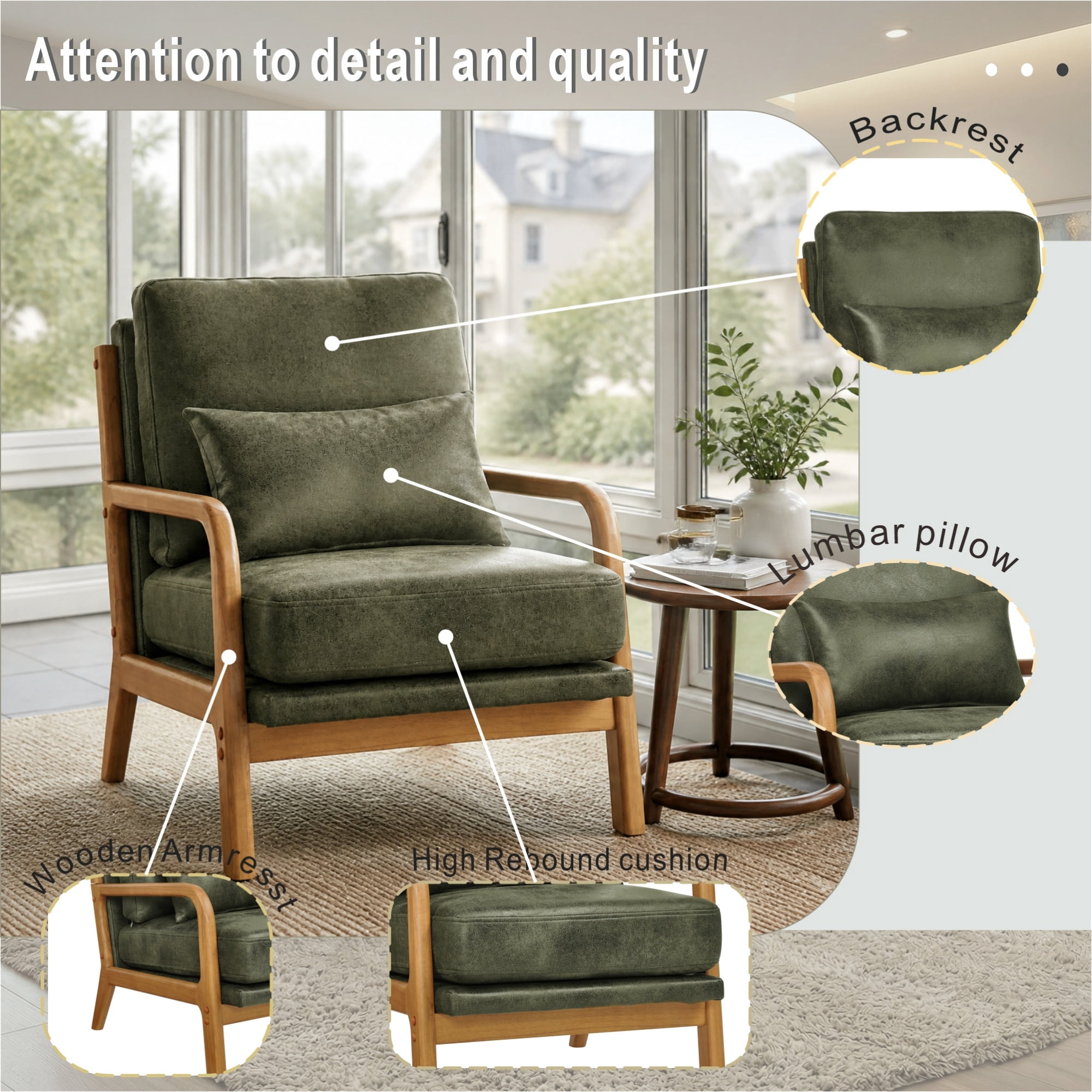 Lounge Chair with Foil Fabric and Solid Wood Frame, Modern Accent Armchair and Curved Seating for Living Room Bedroom, Olive Green