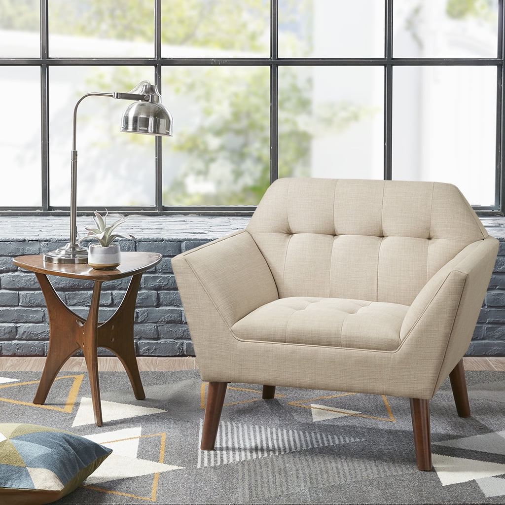Tan Button Tufted Swivel Accent Chair with Wood Legs
