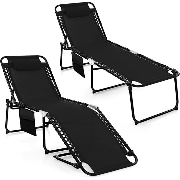 Lounge Chairs for Outside, Extra High Folding Beach Tanning Lounger with Adjustable Backrest, Footrest & Removable Pillow, Sunbath Lounge for Patio, Lawn, Poolside (2, Black with Side Pocket)