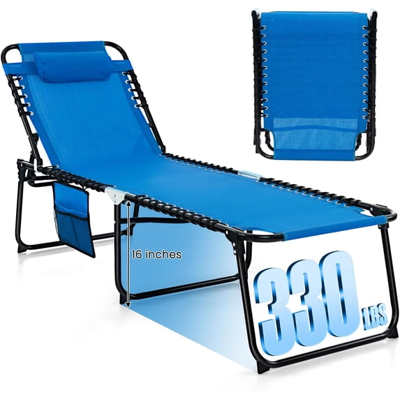 Lounge Chairs for Outside, Extra High Folding Beach Tanning Lounger with Adjustable Backrest, Footrest & Removable Pillow, Sunbathing Lounge for Patio, Poolside (1, Navy with Pocket)