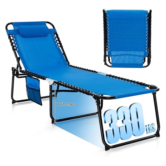Lounge Chairs for Outside, Extra High Folding Beach Tanning Lounger with Adjustable Backrest, Footrest & Removable Pillow, Sunbathing Lounge for Patio, Poolside (1, Navy with Pocket)