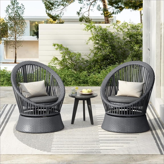 Lounge Chairs | Set of 2 Modern Slate Gray Swivel Round Chairs for Living Room Patio Balcony | Gray | PE Rattan+Iron