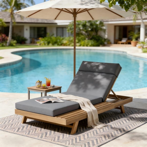 Lounge Chaise Set With Headrest, Space Available On One Side, Acacia Wood In light brown With Water-Resistant Lounge Cushions (Dark Grey & 3-Fold & 4 Inch)  Matching Cream/Beige Version Available
