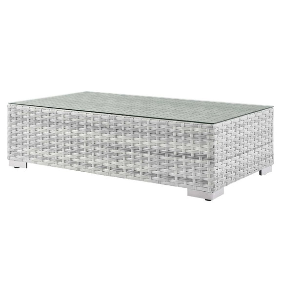 Lounge Coffee Table, Rectangular, Rattan, Wicker, Light Grey Gray, Modern Contemporary Urban Design, Outdoor Patio Balcony Cafe Bistro Garden Furniture Hotel Hospitality