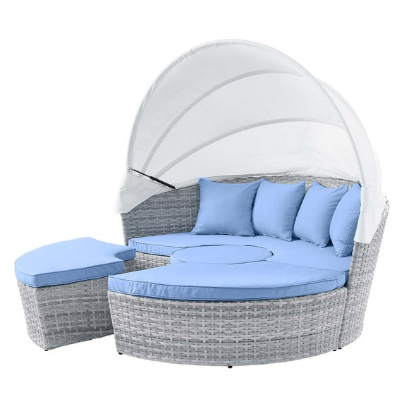 Lounge Daybed Sofa Bed, Grey Gray Blue, Rattan, Wicker, Modern Contemporary, Outdoor Patio Balcony Cafe Bistro Garden Furniture Hotel Hospitality
