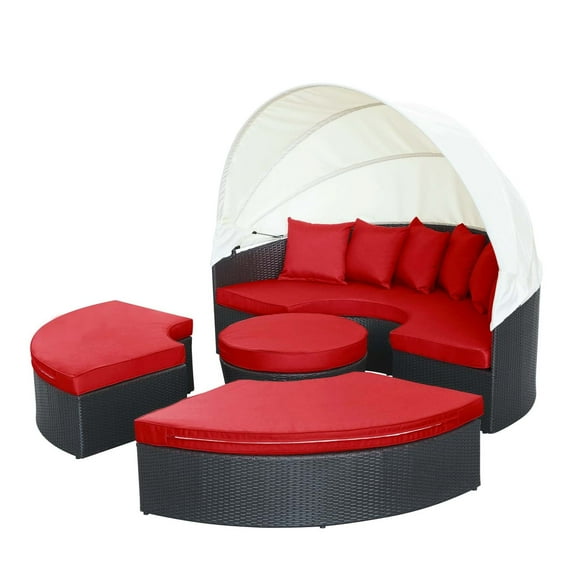 Lounge Daybed Sofa Bed, Red, Rattan, Wicker, Outdoor Patio Balcony Cafe Bistro Garden Hospitality Restaurant, Modern Contemporary HB34966