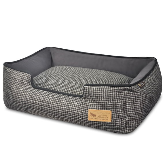 P.L.A.Y. Lounge Bed: Houndstooth - Black/Gray, Small - Luxury Pet Bed, Dogs & Cats, Removable Reversible Cushion, Machine Washable, 24 x 19 x 7"