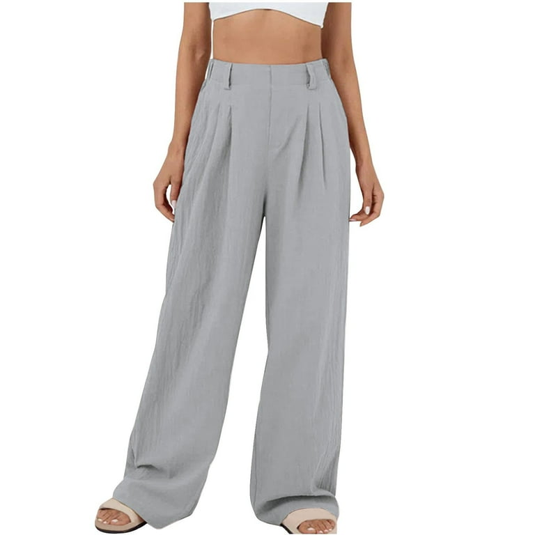 Lounge High Waisted Pants for Women Solid Color Cotton Linen Cozy Wide Leg  Stretchy Trousers Ladies Office Work Pant(Gray,XXL)