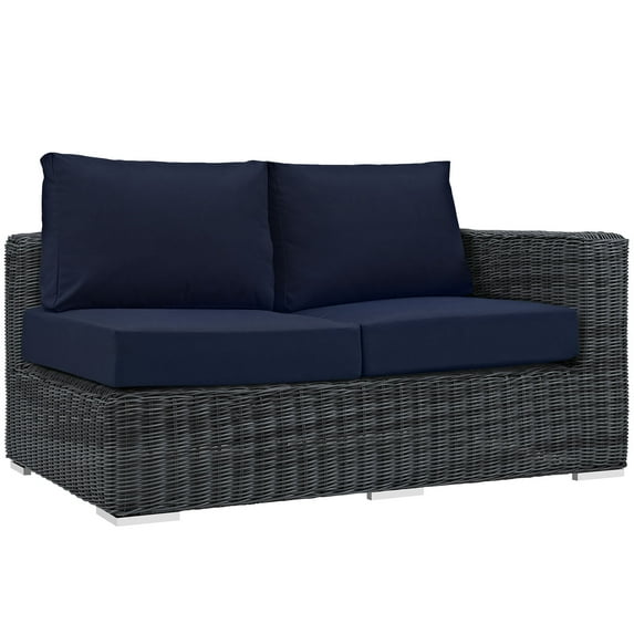 Lounge Loveseat Sofa, Blue Navy, Rattan, Wicker, Outdoor Patio Balcony Cafe Bistro Garden Hospitality Restaurant, Modern Contemporary HB32758