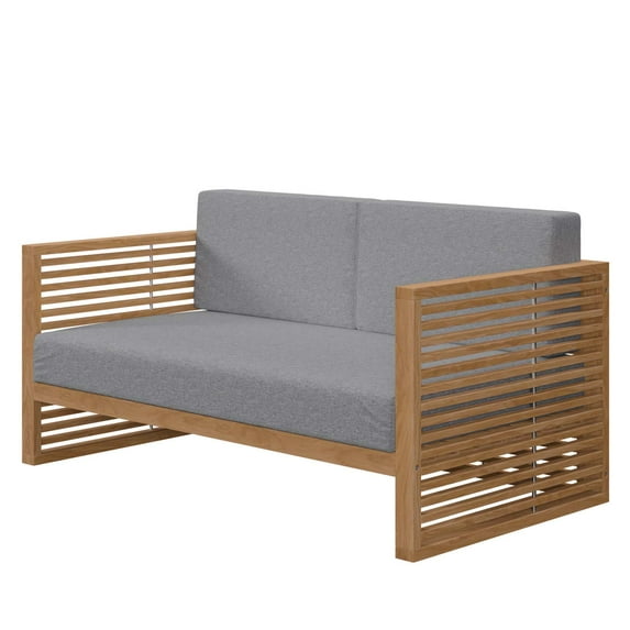 Lounge Loveseat Sofa, Grey Gray Natural, Teak Wood, Fabric, Modern Contemporary, Outdoor Patio Balcony Cafe Bistro Garden Furniture Hotel Hospitality