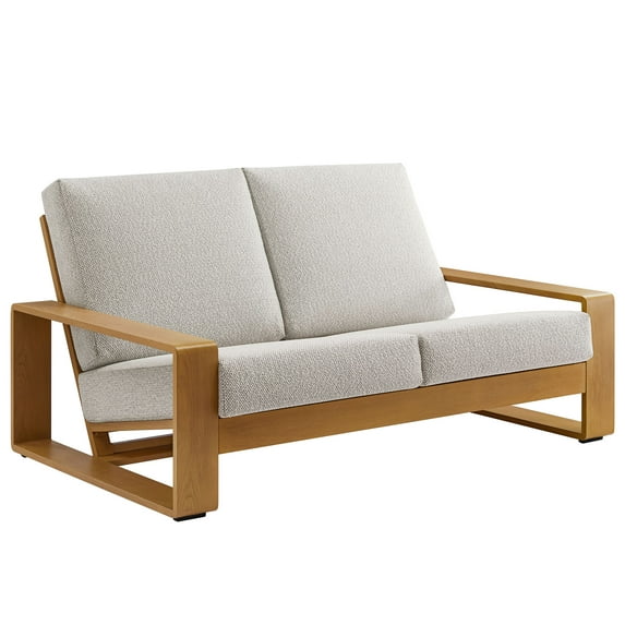 Lounge Loveseat Sofa, Ivory White, Aluminum, Wood, Outdoor Patio Balcony Cafe Bistro Garden Hospitality Restaurant, Modern Contemporary, HB37956