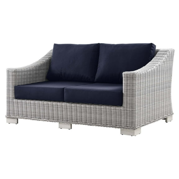 Lounge Loveseat Sofa, Rattan, Wicker, Light Grey Gray Blue Navy, Modern Contemporary Urban Design, Outdoor Patio Balcony Cafe Bistro Garden Furniture Hotel Hospitality
