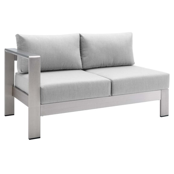 Lounge Loveseat Sofa, Sunbrella, Fabric, Aluminum, Metal, Steel, Silver Grey Gray, Modern Contemporary Urban Design, Outdoor Patio Balcony Cafe Bistro Garden Furniture Hotel Hospitality
