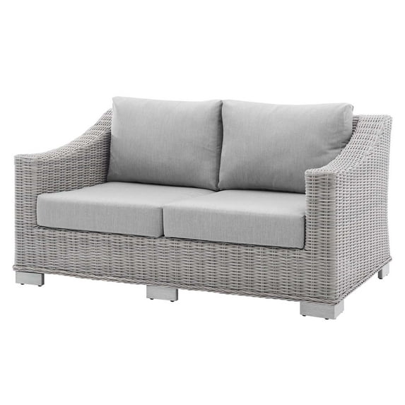 Lounge Loveseat Sofa, Sunbrella, Rattan, Wicker, Grey Gray, Modern Contemporary Urban Design, Outdoor Patio Balcony Cafe Bistro Garden Furniture Hotel Hospitality