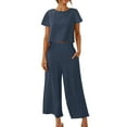 thumbnail image 1 of Lounge Outfits Sets For Women 2 Piece Summer Lounge Matching Sets Solid Outfits Linen Round Neck Short Sleeve Tops And Long Pants Tracksuits Suit Up to 65% off, 1 of 6