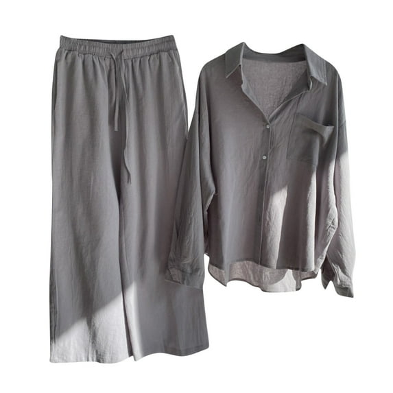 Lounge Outfits for Women Long Sleeve New Womens 2 Piece Cotton Linen Sets Plus Size Lounge Outfits Long Shirts Long Pants Tracksuit Sweatsuits Gray 3XL