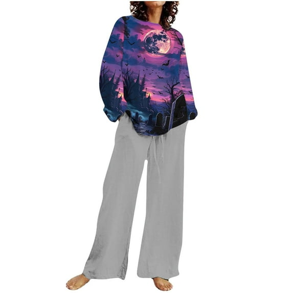 Lounge Outfits for Women 2 Piece Sets Cotton Linen Loungewear Button Down Long Sleeve Top and Wide Leg Pants (Gray 4XL)