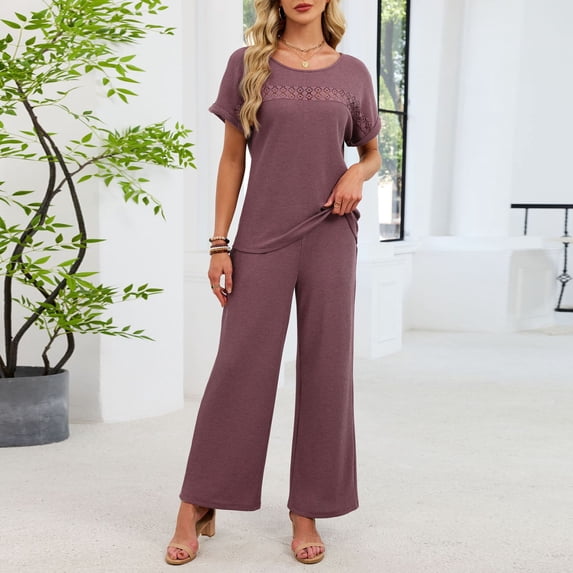 Lounge Outfits for Women Fall New Womens Casual Pajama Set 2 Piece Short Sleeve Tops and Wide Leg Pants Cozy Loungewear Pjs Sleepwear Wine S
