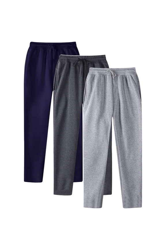 Lounge Pants Men Loose Fit Solid Color Elastic Waist Drawstring Breathable Straight Leg Trousers with Pockets 3 Pcs Athletic Track Pants