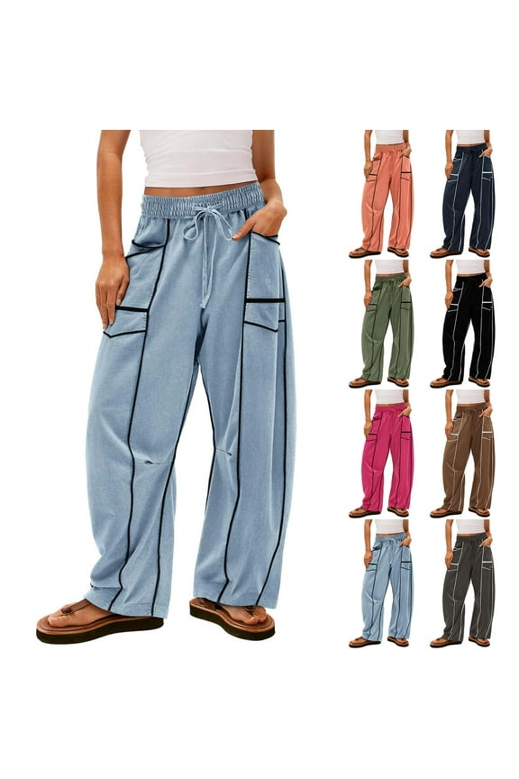 Lounge Pants Women Baggy Fall Wide Leg Drawstring Pants with Pockets High Waisted Barrel & Beach Pants​ Light Blue M