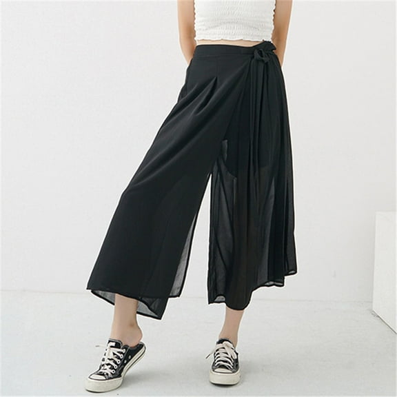 uublik Lounge Pants Women Black Oversized Casual Wide Leg Pants Chiffon Pleated Long Pants