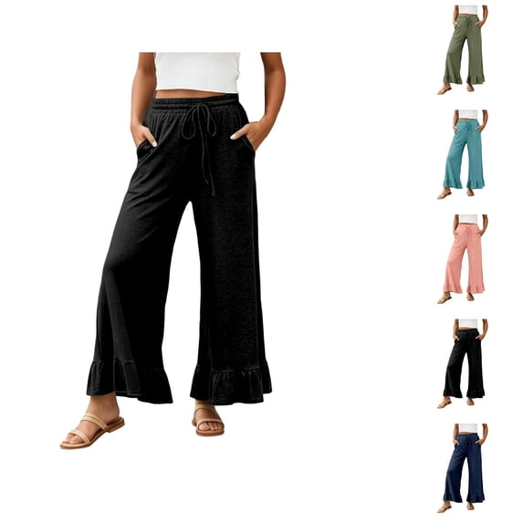 Lounge Pants Women Elastic High Waist Wide Leg Ruffle Hem Loose Fit Ankle Length Flowy Palazzo Pants with Pockets