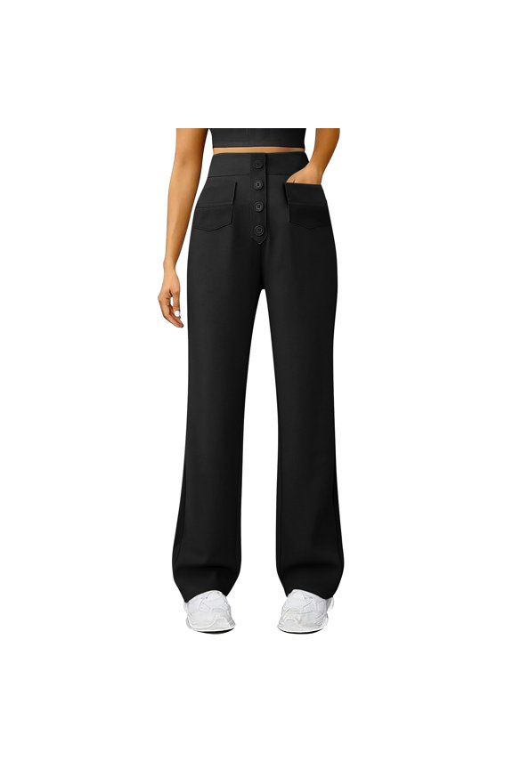 Lounge Pants Women High Waist Button Down Cargo Pocketed Straight Lounge Pants,Black 2XL
