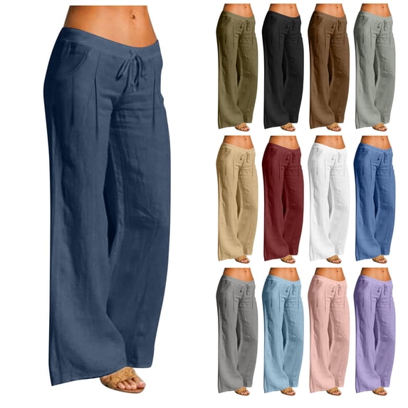 NSLGXD Lounge Pants Women Cotton Wide Leg Loose Fit Baggy Pants Drawstring Elastic Waisted Daily Palazzo Pants with Pockets Navy Pant,Size S-2XL