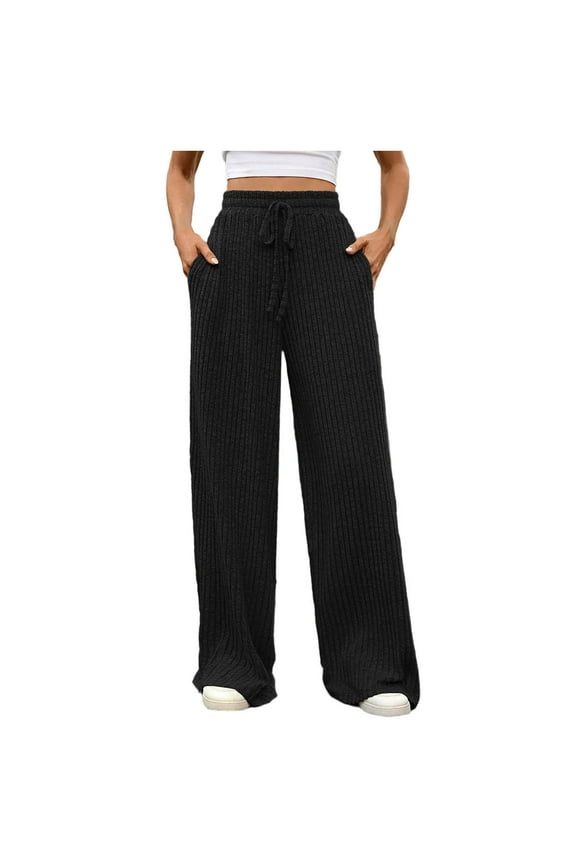 Lounge Pants Women Sevevn Womens Ribbed Wide Leg Lounge Pants with Pockets Casual Relaxed Comfy Loose Soft Knit Pajama Pants with Drawstring