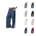 thumbnail image 1 of Lounge Pants Women Spring Fall Elastic Waist Cute Lace Side Split Hem Wide Straight Leg Loose Flowy Pants with Pockets, 1 of 9